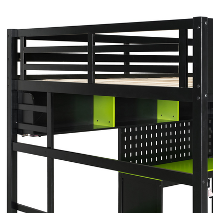 Start2Finish full size wood loft bed with integrated desk, shelves, LED lights, USB ports, and pegboard in a modern bedroom setup.
