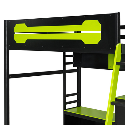 Full size wood loft bed with desk, shelves, LED lights, USB ports, and pegboard by Start2Finish, showcasing the multi-functional design.