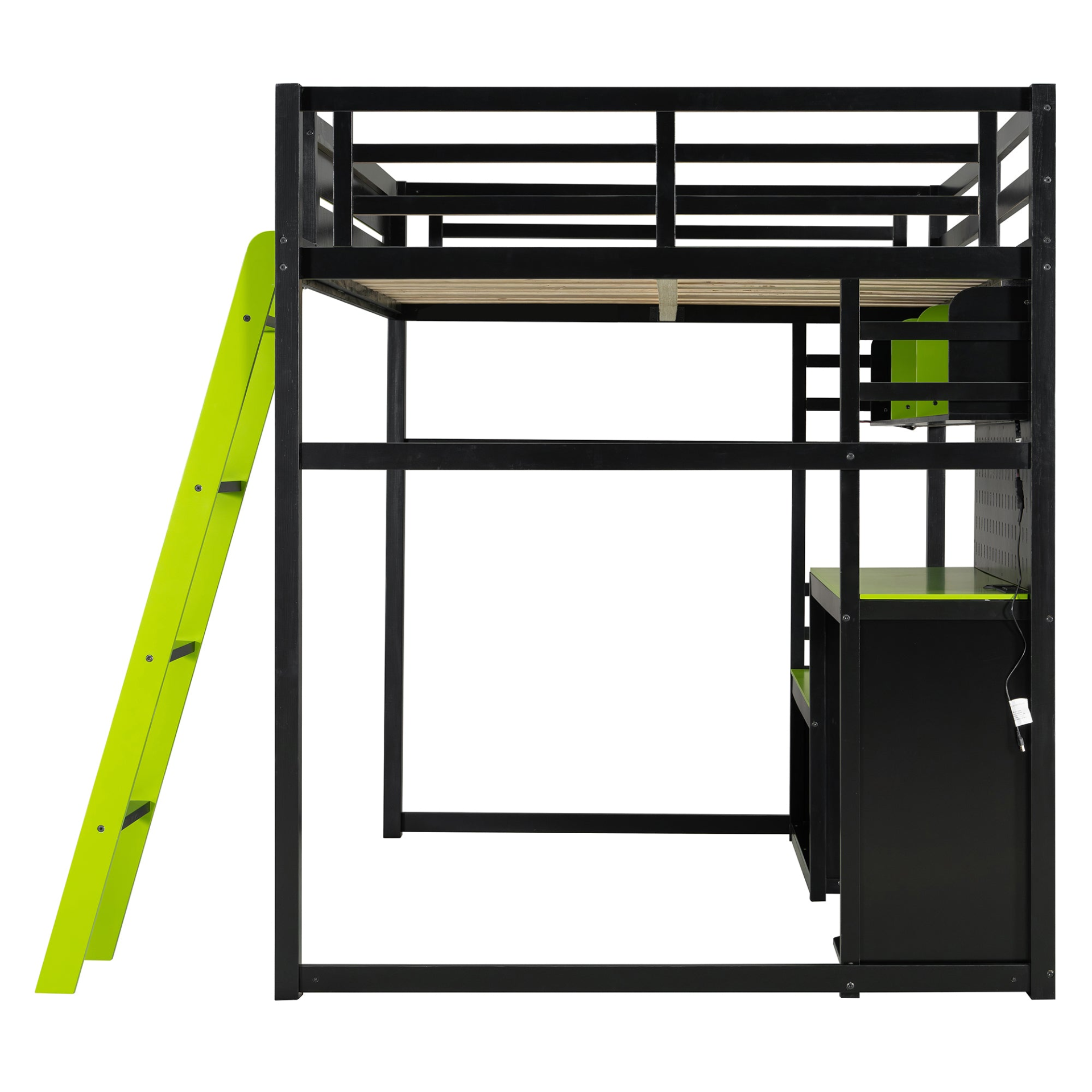 Full size wood loft bed by Start2Finish with built-in desk, shelves, LED lights, USB ports, and pegboard for versatile bedroom use.