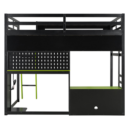 Full size wood loft bed with desk, shelves, LED lights, USB ports, and pegboard by Start2Finish, shown with mattress and accessories.