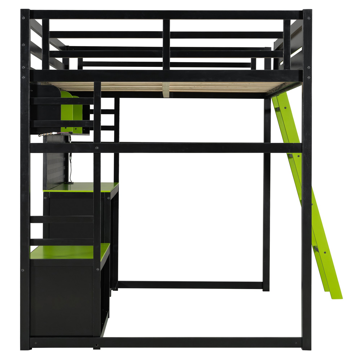 Full size wood loft bed with desk, shelves, LED lights, USB ports, and pegboard by Start2Finish, shown with mattress and workspace setup.
