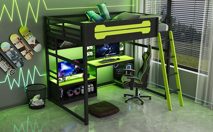 Full size wood loft bed by Start2Finish with built-in desk, shelves, LED lights, USB ports, and pegboard for functional bedroom space.