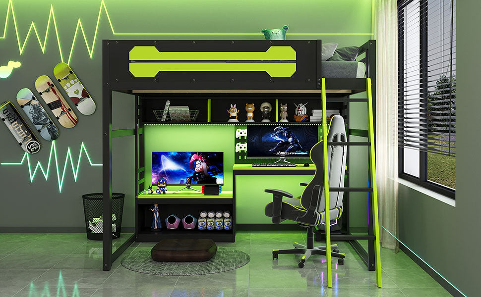 Full size wood loft bed by Start2Finish with integrated desk, shelves, LED lights, USB ports, and pegboard in a modern design