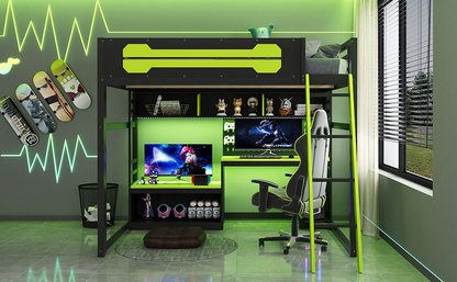 Full size wood loft bed by Start2Finish with integrated desk, shelves, LED lights, USB ports, and pegboard in a modern design