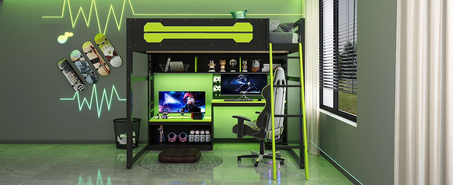 Start2Finish full size wood loft bed with integrated desk, shelves, LED lights, USB ports, and pegboard in a modern bedroom setup.
