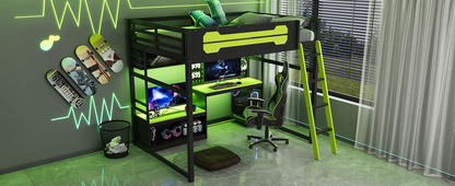 Start2Finish full size wood loft bed with desk, shelves, LED lights, USB ports, and pegboard in a modern bedroom setup.