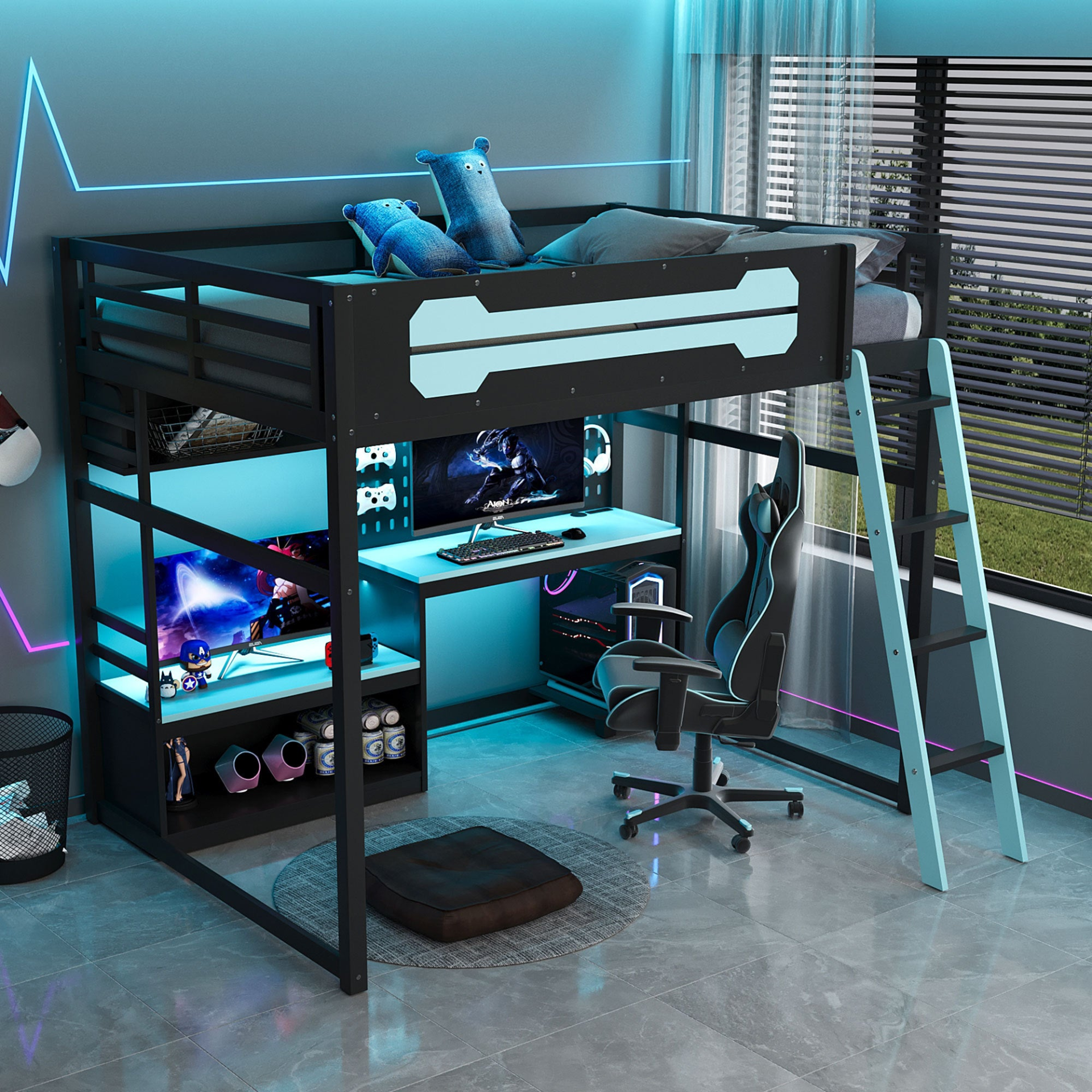 Full size wood loft bed by Start2Finish with desk, shelves, LED lights, USB ports, and pegboard for versatile bedroom use.