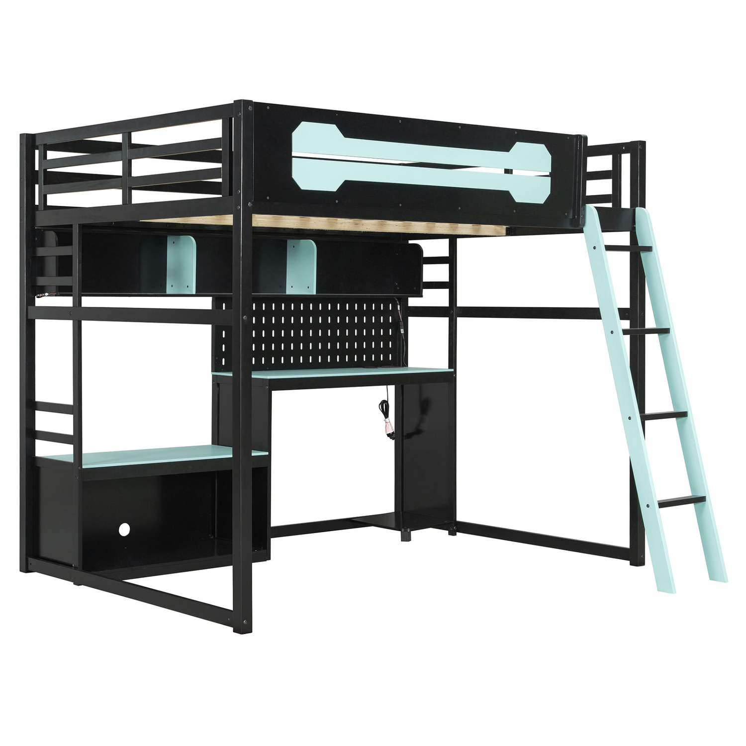 Full size wood loft bed with desk, shelves, LED lights, USB ports, and pegboard by Start2Finish, showing the bed setup with storage features.