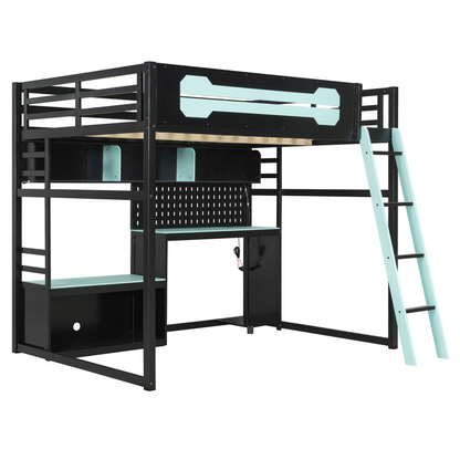 Full size wood loft bed with desk, shelves, LED lights, USB ports, and pegboard by Start2Finish, showing the bed setup with storage features.