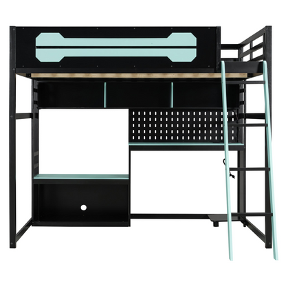 Full size wood loft bed with integrated desk, shelves, LED lights, USB ports, and pegboard by Start2Finish.