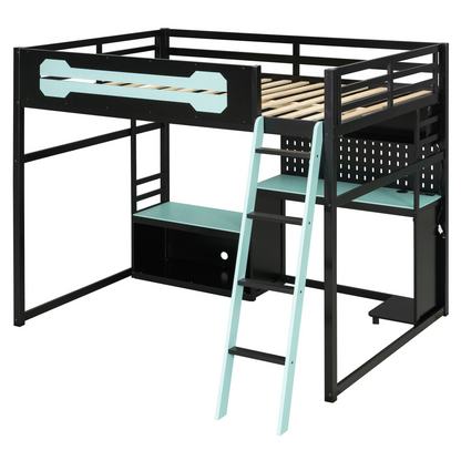 Start2Finish full size wood loft bed with desk, shelves, LED lights, USB ports, and pegboard for versatile bedroom setup.