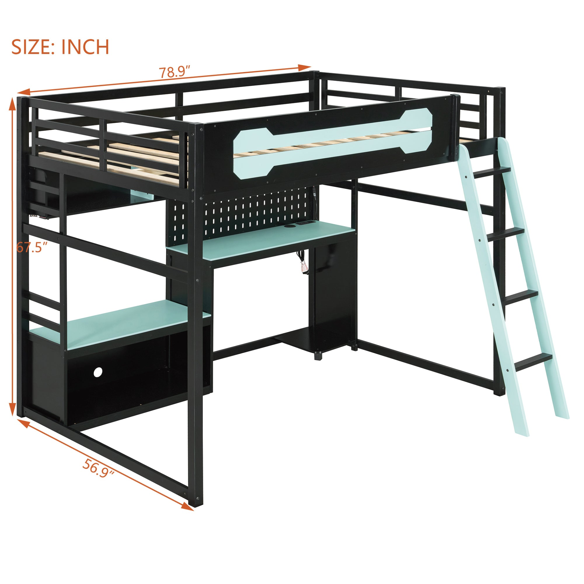 Full size wood loft bed with desk, shelves, LED lights, USB ports, and pegboard by Start2Finish.