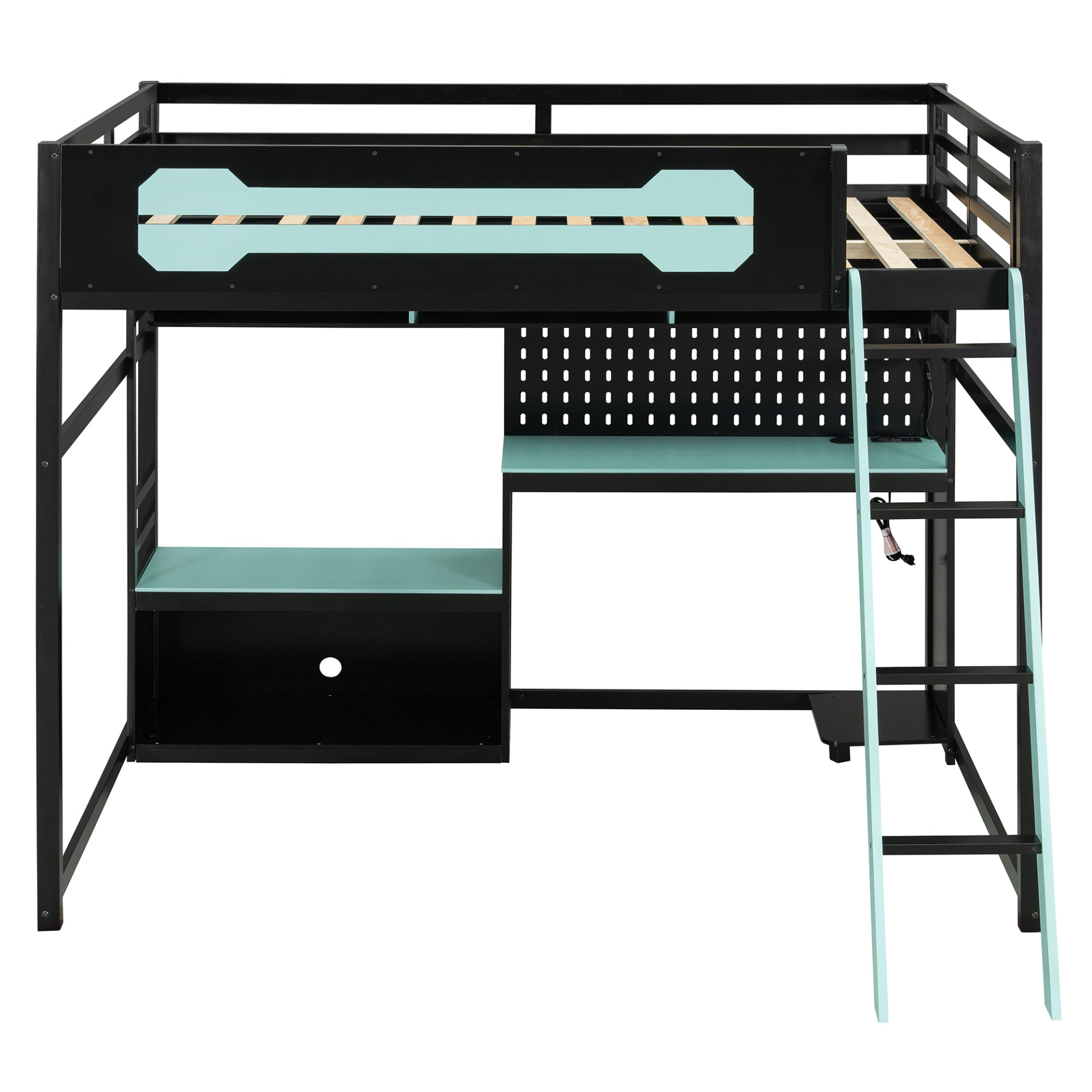Full size wood loft bed with desk, shelves, LED lights, USB ports, and pegboard by Start2Finish, showcasing the multi-functional bedroom furniture.
