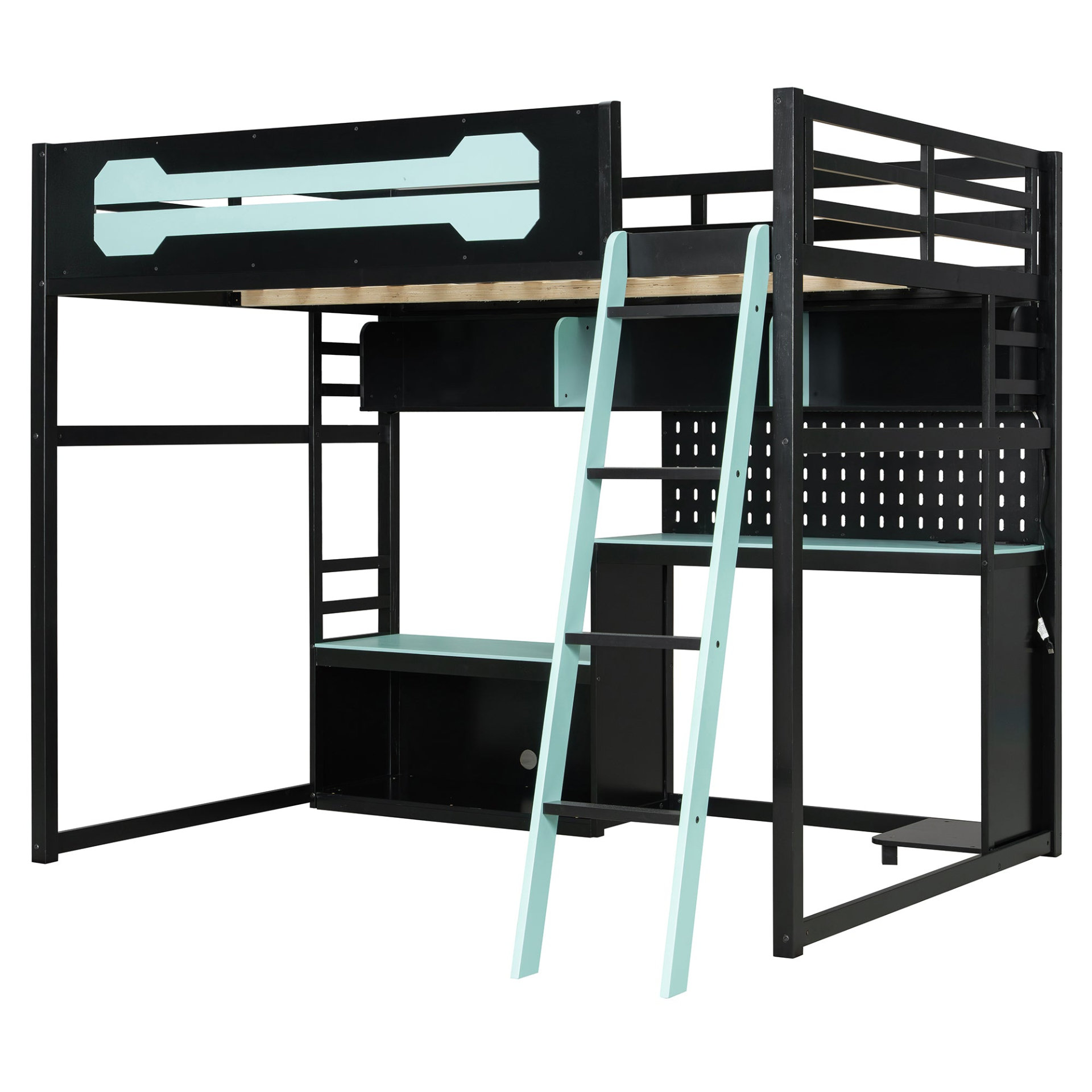 Full size wood loft bed by Start2Finish with integrated desk, shelves, LED lights, USB ports, and pegboard in a modern bedroom setting.