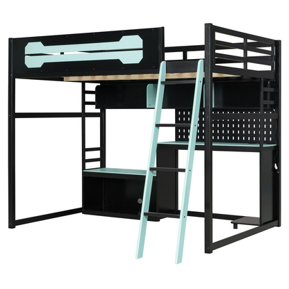 Full size wood loft bed by Start2Finish with integrated desk, shelves, LED lights, USB ports, and pegboard in a modern bedroom setting.