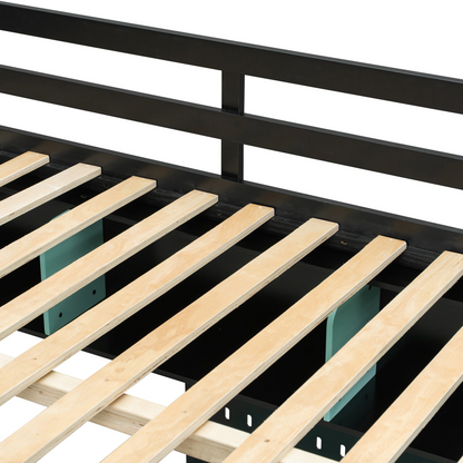 Start2Finish full size wood loft bed with desk, shelves, LED lights, USB ports, and pegboard for compact bedroom organization.