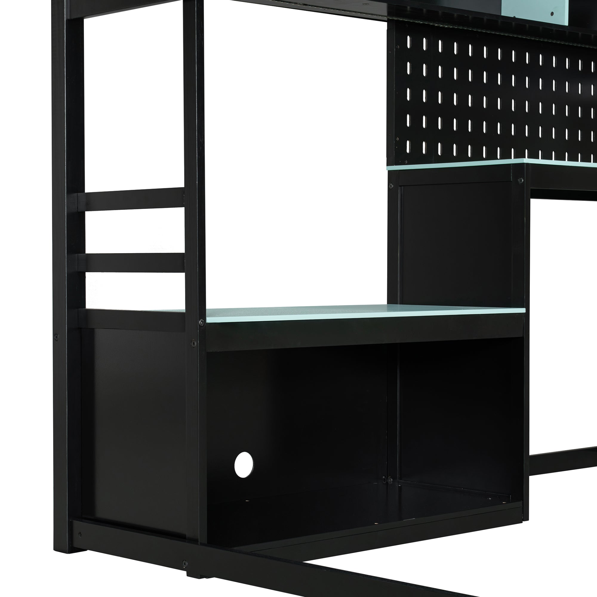 Start2Finish full size wood loft bed with desk, shelves, LED lights, USB ports, and pegboard in a modern bedroom setup.