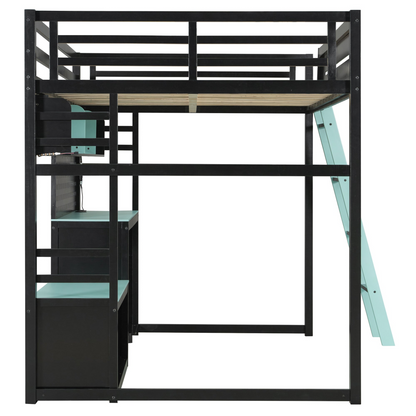 Full size wood loft bed with desk, shelves, LED lights, USB ports, and pegboard by Start2Finish, showing the multi-functional bedroom setup.