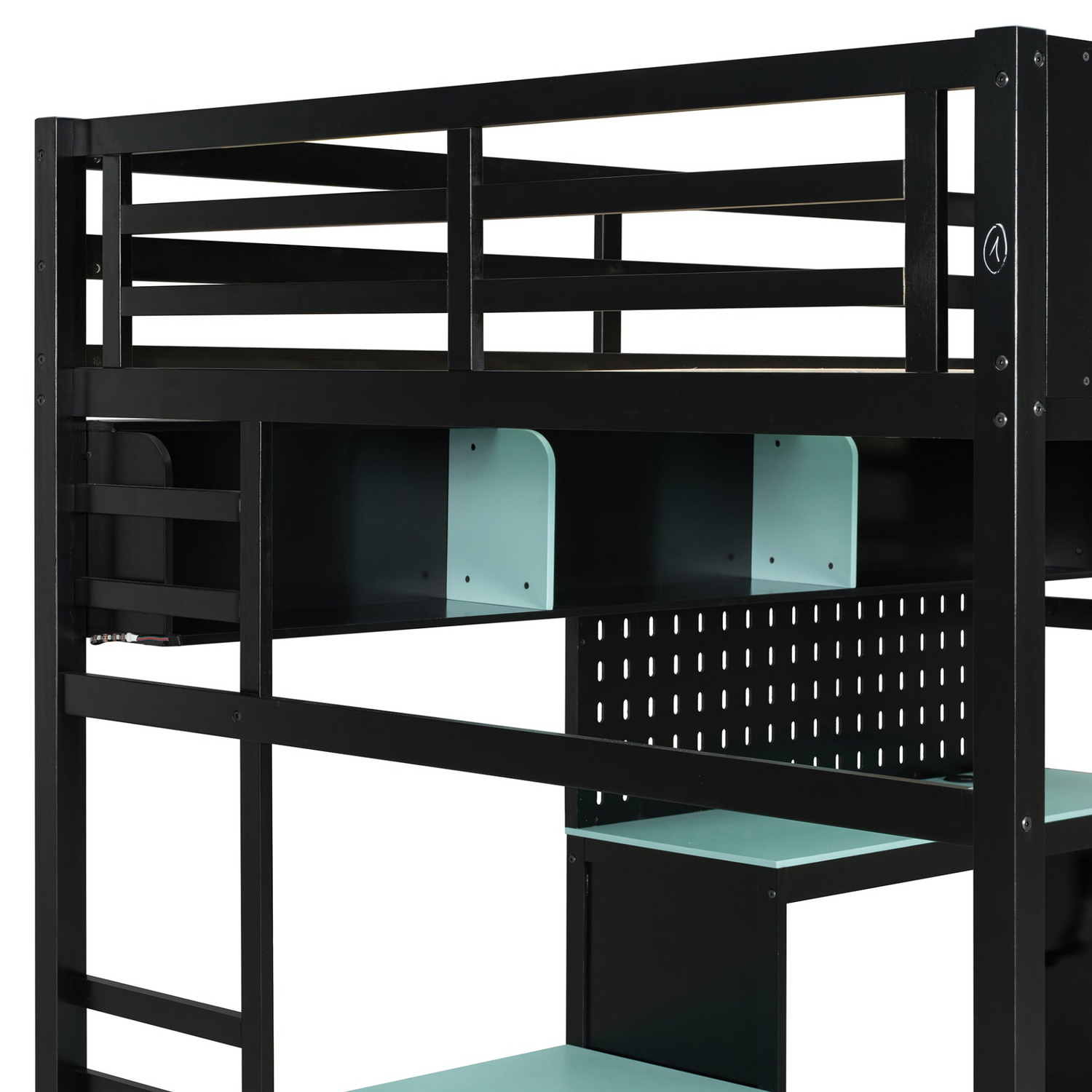 Full size wood loft bed by Start2Finish with built-in desk, shelves, LED lights, USB ports, and pegboard for versatile space-saving design.