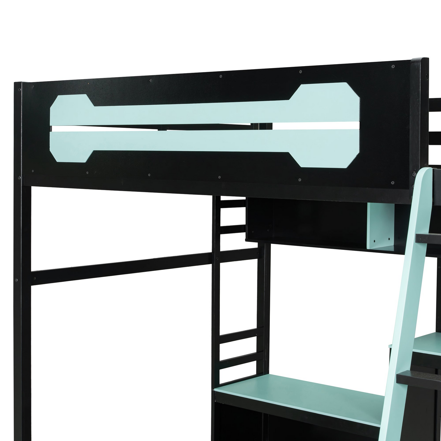 Full size wood loft bed with desk, shelves, LED lights, USB ports, and pegboard by Start2Finish