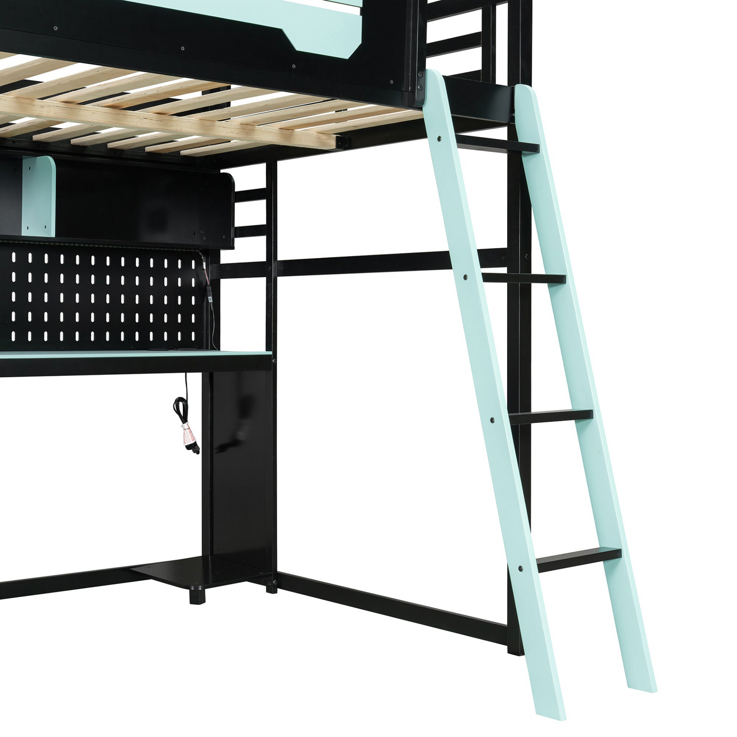 Full size wood loft bed with integrated desk, shelves, LED lights, USB ports, and pegboard by Start2Finish.