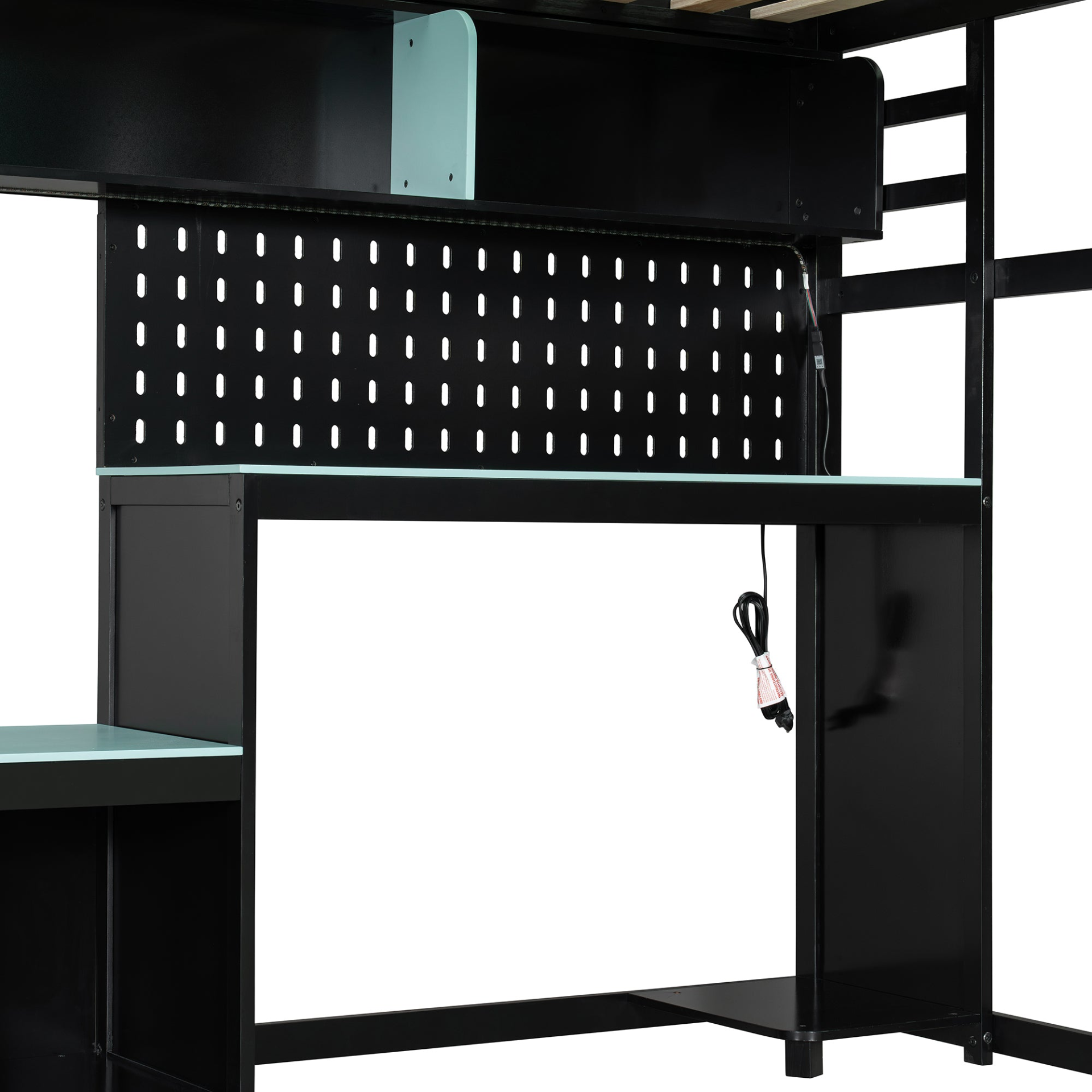 Full size wood loft bed by Start2Finish with integrated desk, shelves, LED lights, USB ports, and pegboard for versatile space saving.