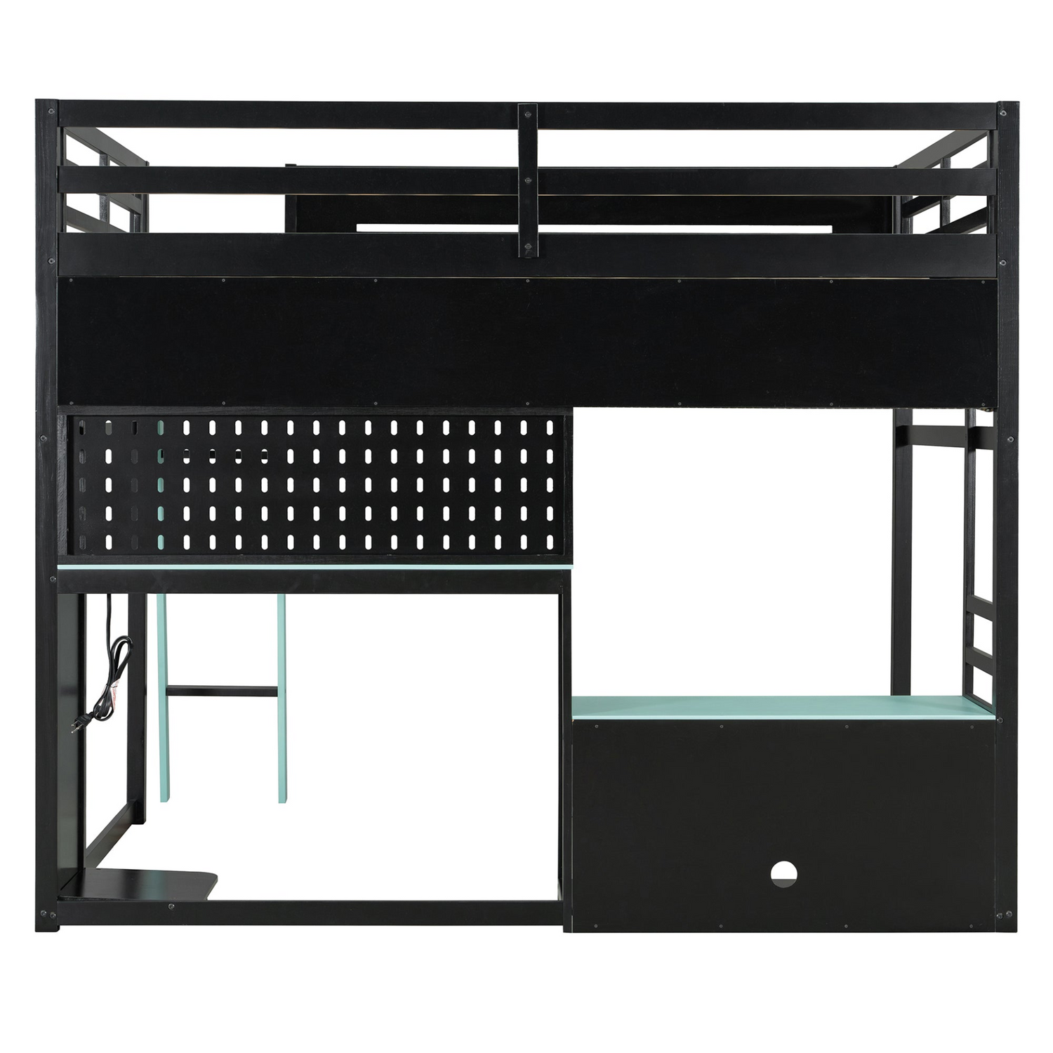 Full size wood loft bed by Start2Finish with integrated desk, shelves, LED lights, USB ports, and pegboard in a modern bedroom setting.