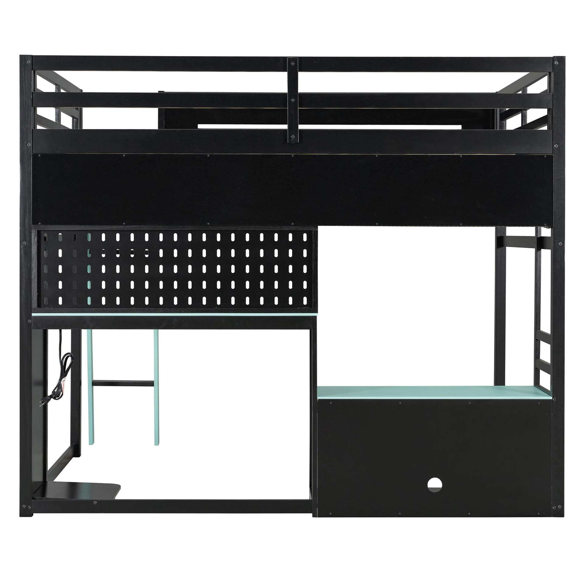 Full size wood loft bed by Start2Finish with integrated desk, shelves, LED lights, USB ports, and pegboard in a modern bedroom setting.