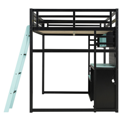 Full size Start2Finish wood loft bed with desk, shelves, LED lights, USB ports, and pegboard, shown with the bed frame and accessories.