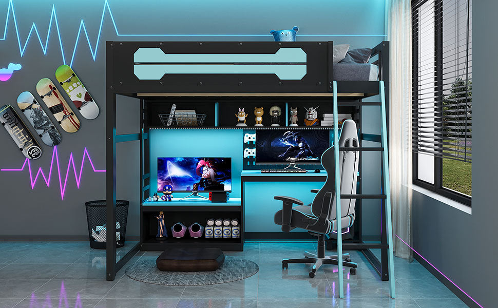 Full size wood loft bed with integrated desk, shelves, LED lights, USB ports, and pegboard by Start2Finish in a modern design.