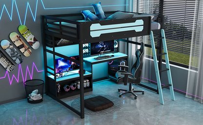 Full size wood loft bed by Start2Finish with desk, shelves, LED lights, USB ports, and pegboard in a modern bedroom setting.