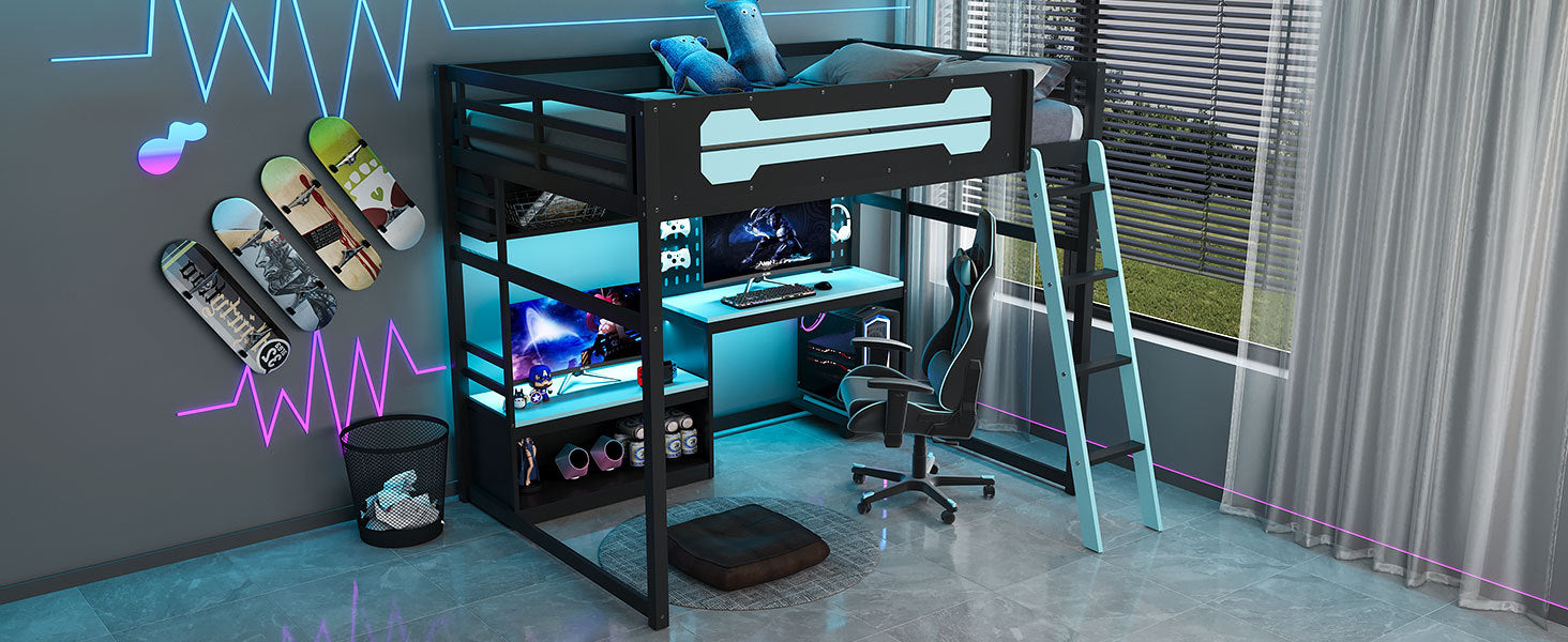 Full size wood loft bed by Start2Finish with integrated desk, shelves, LED lights, USB ports, and pegboard for versatile sleeping space.