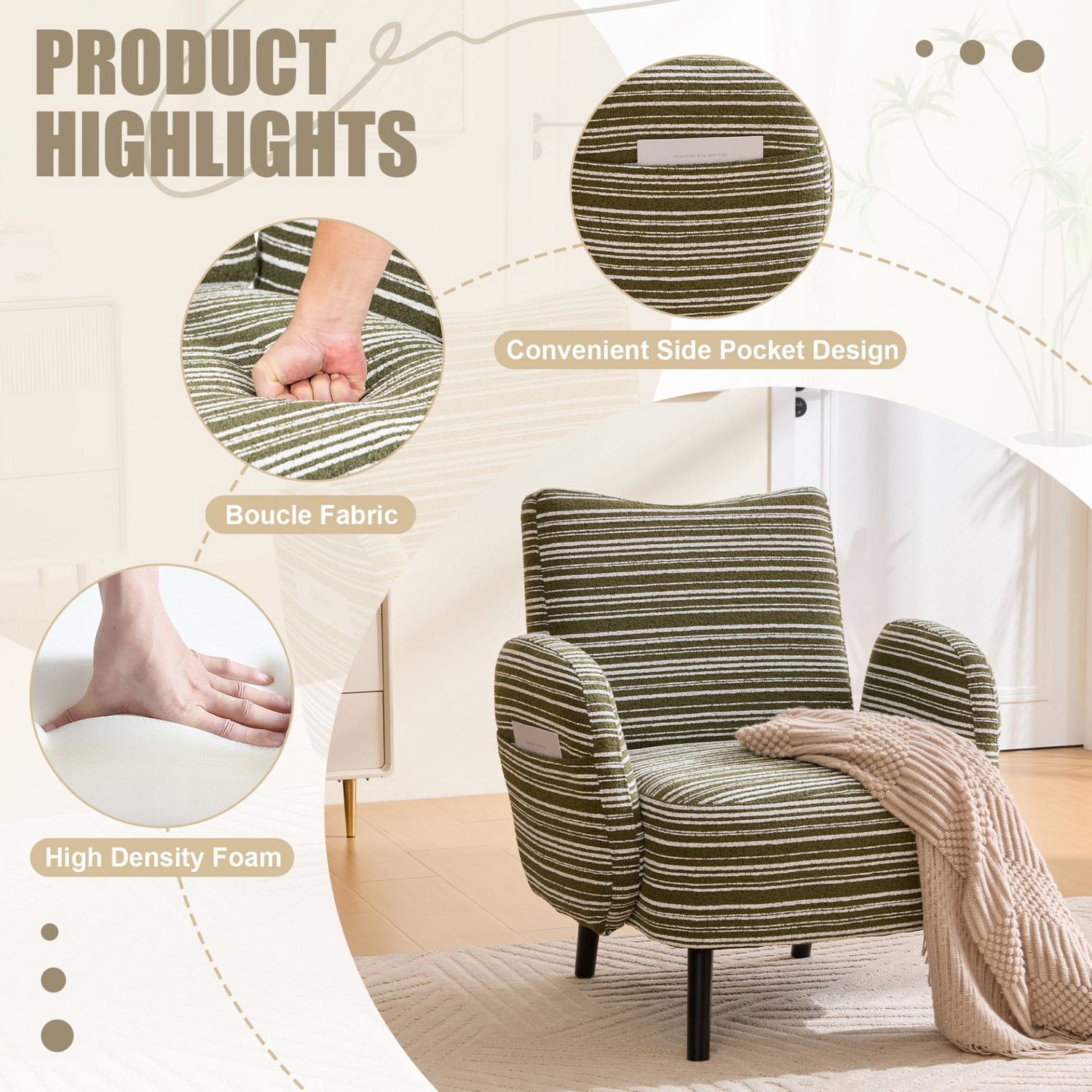 Modern armchair by Start2Finish with sanded fabric, side storage pocket, and solid wood legs, shown in a cozy living room setting.