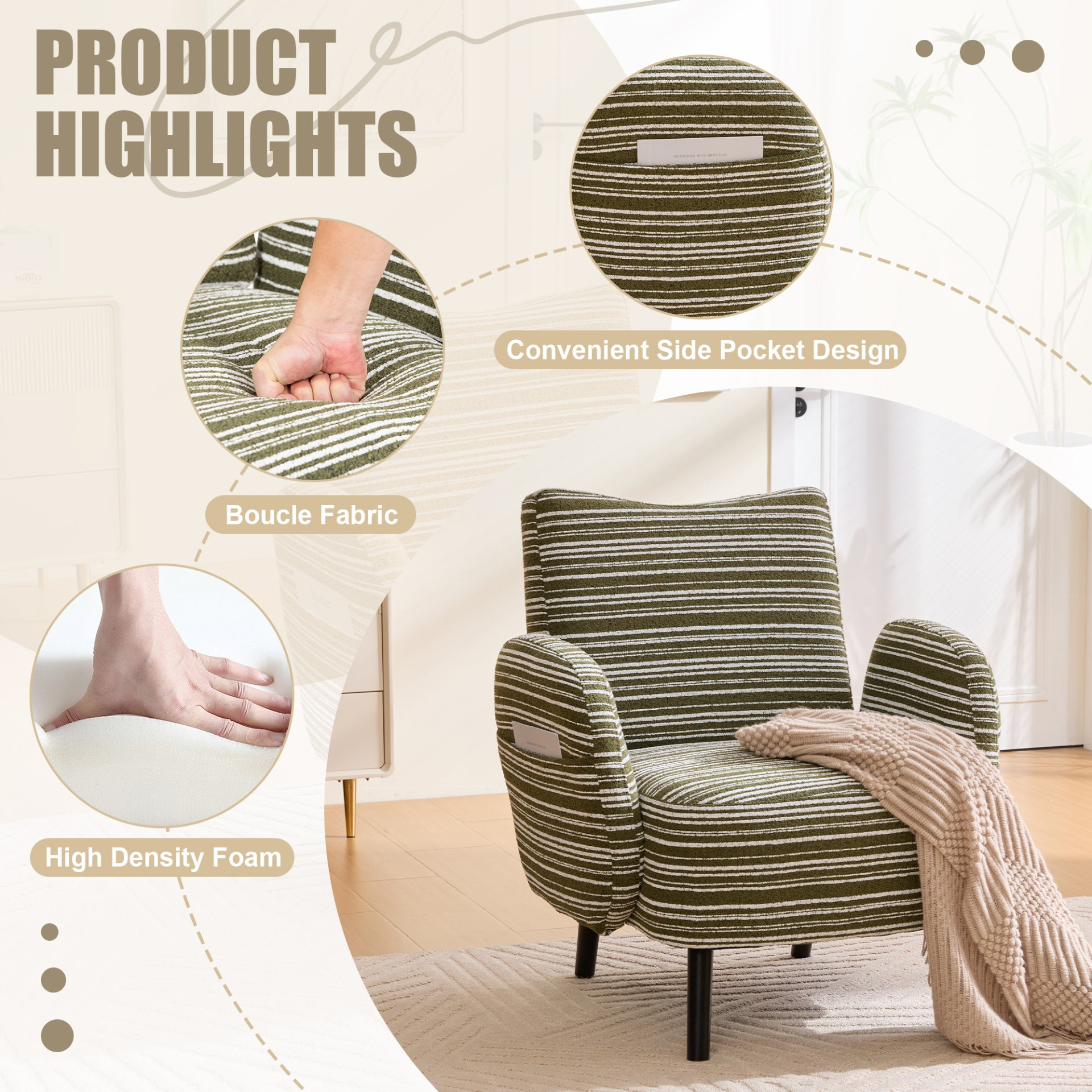 Modern armchair by Start2Finish with sanded fabric, side storage pocket, and solid wood legs, shown in a cozy living room setting.