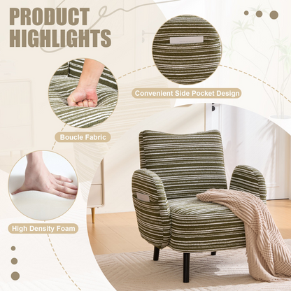 Modern armchair by Start2Finish with sanded fabric, side storage pocket, and solid wood legs, shown in a cozy living room setting.