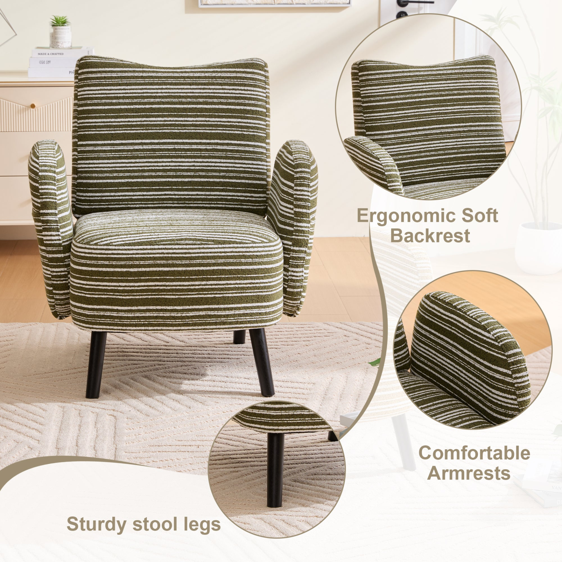 Modern armchair with sanded fabric, side storage pocket, and solid wood legs by Start2Finish, showcasing a sleek, comfortable design.