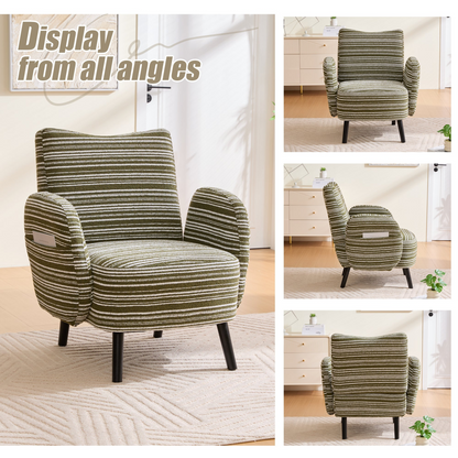 Modern armchair by Start2Finish with sanded fabric, side storage pocket, and solid wood legs for stylish comfort.