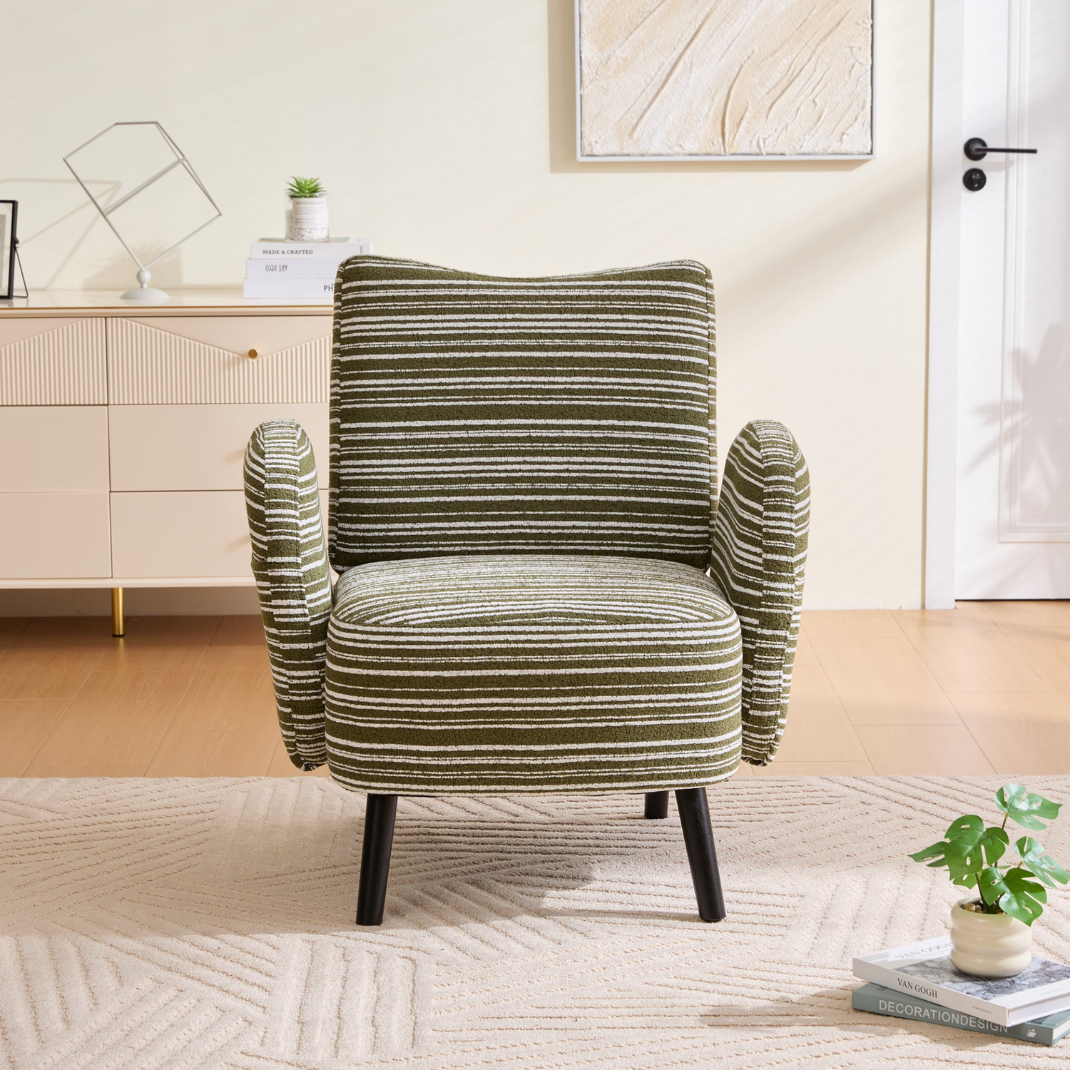 Modern armchair with sanded fabric, solid wood legs, and side storage pocket by Start2Finish, showcasing a cozy and stylish lounge chair.