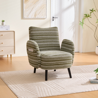 Modern armchair with sanded fabric, solid wood legs, and side storage pocket by Start2Finish, showcasing comfortable seating and stylish design.