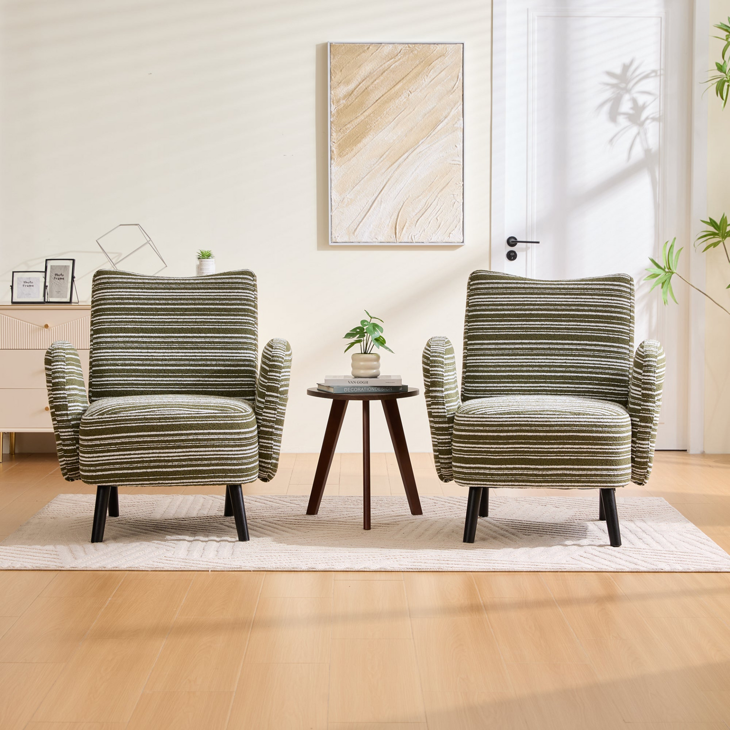 Modern armchair with sanded fabric, side storage pocket, and solid wood legs by Start2Finish, shown from a front angle.