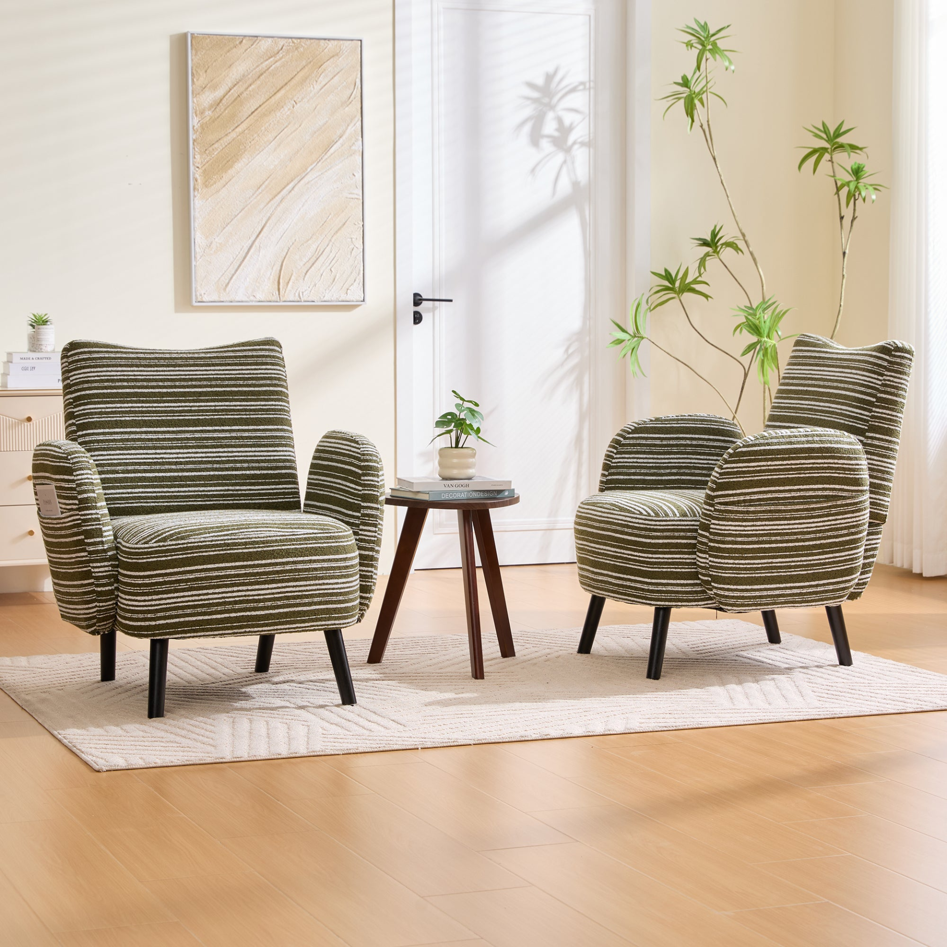 Modern armchair by Start2Finish with sanded fabric, side storage pocket, and solid wood legs, shown in a stylish living room setting