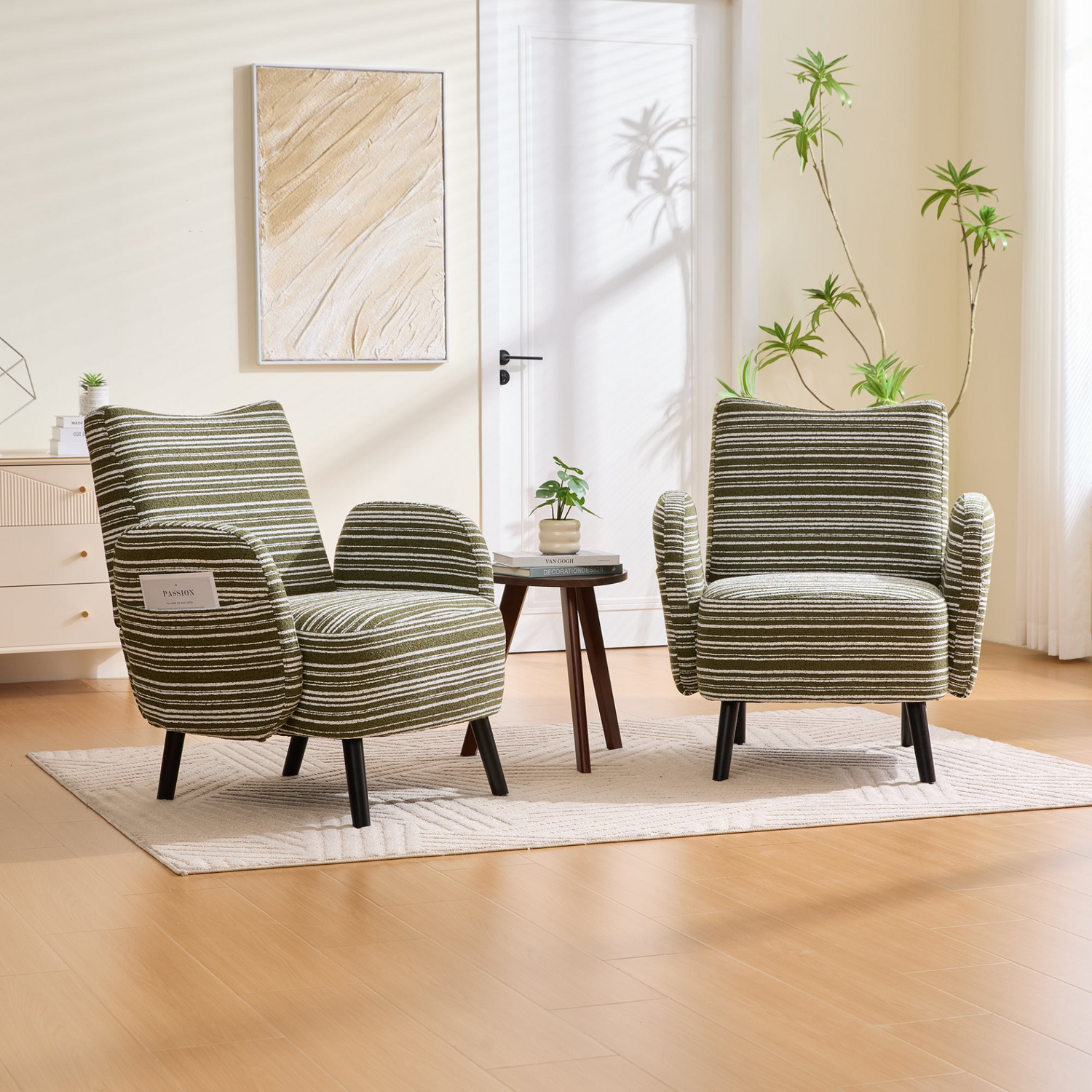 Modern armchair with sanded fabric, solid wood legs, and a side storage pocket in a stylish living room setting.