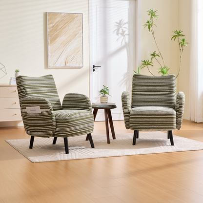 Modern armchair with sanded fabric, solid wood legs, and a side storage pocket in a stylish living room setting.