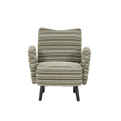 Modern armchair with sanded fabric upholstery, side storage pocket, and solid wood legs by Start2Finish.