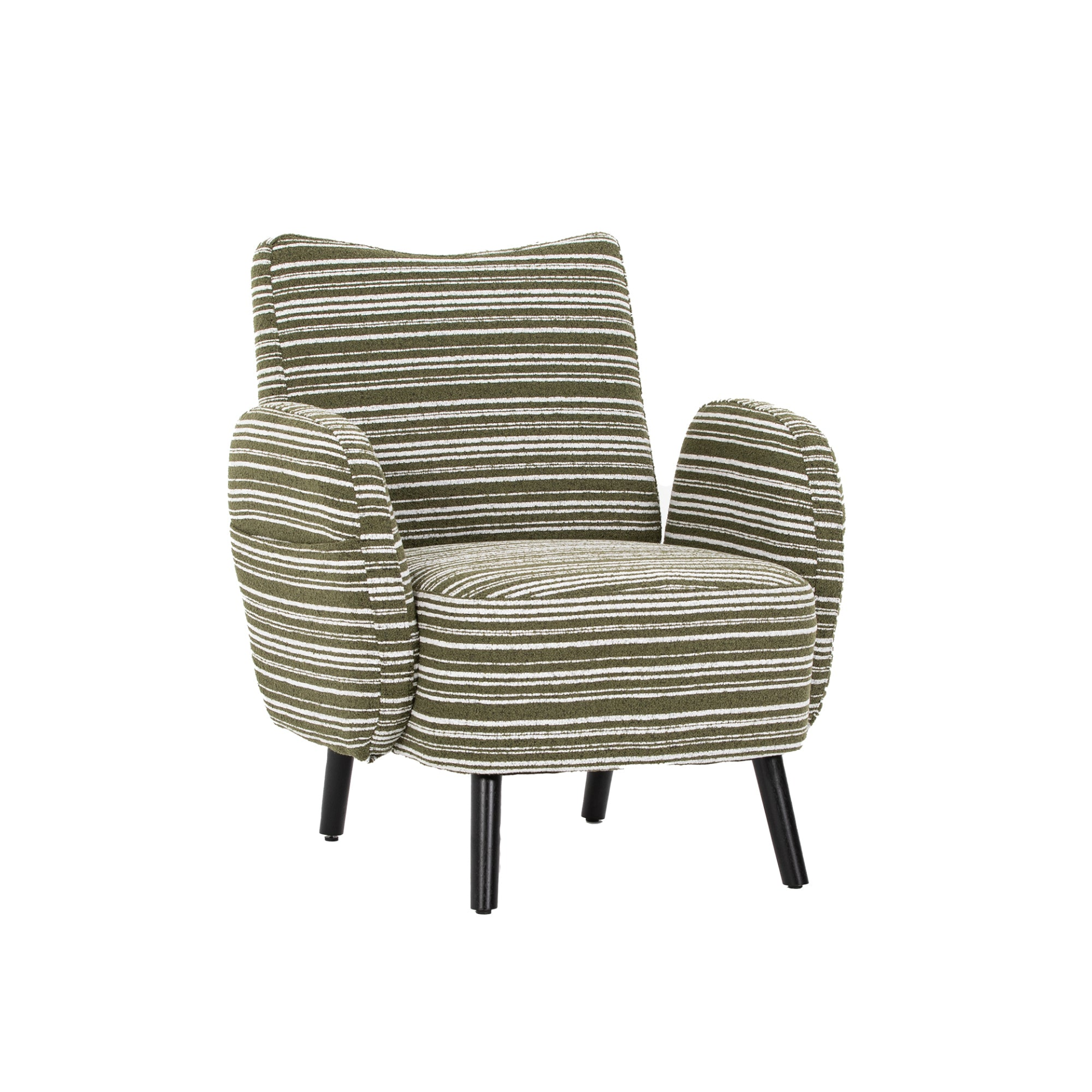 Modern armchair with sanded fabric, side storage pocket, and solid wood legs by Start2Finish.