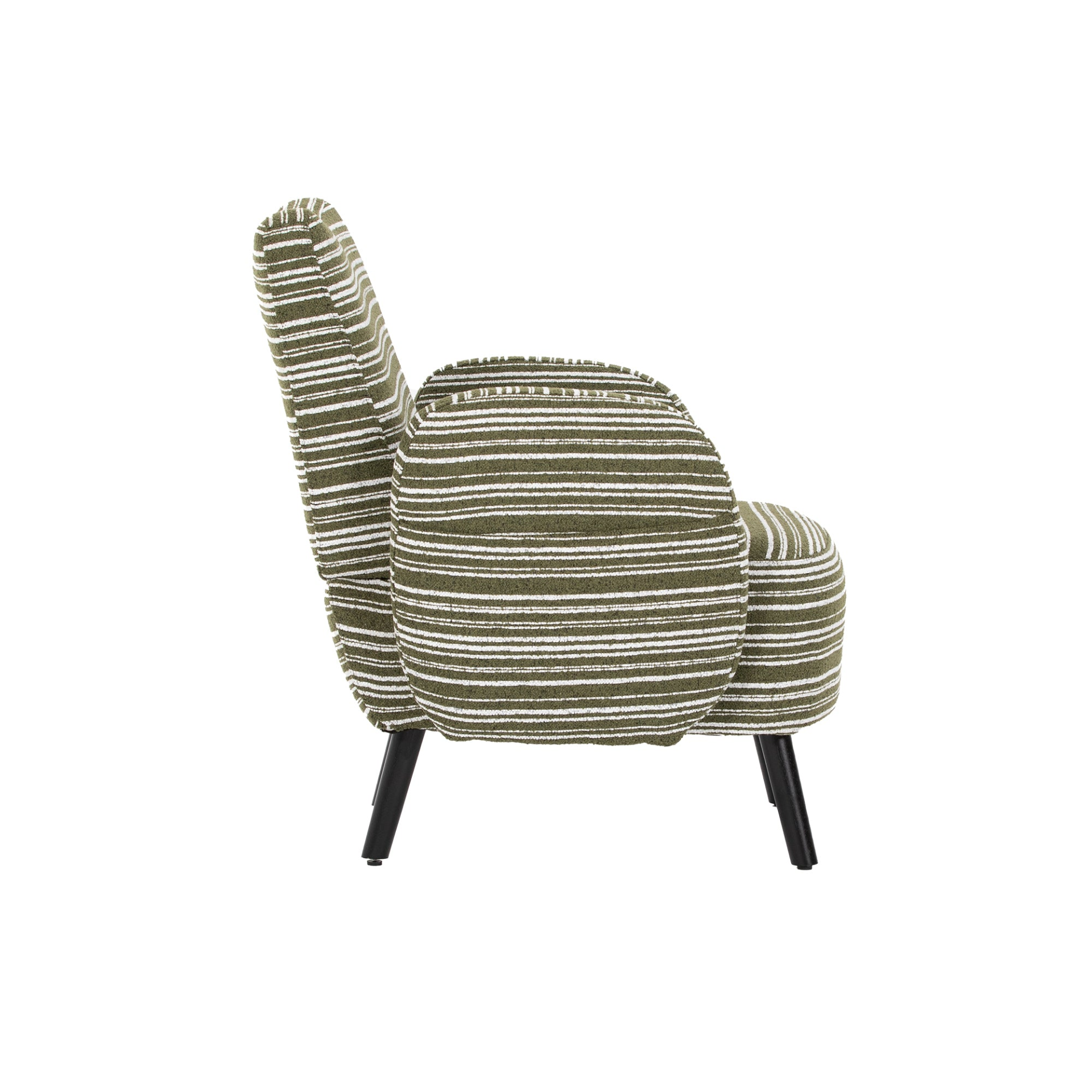 Modern armchair by Start2Finish with sanded fabric, side storage pocket, and solid wood legs in a cozy living room setting.
