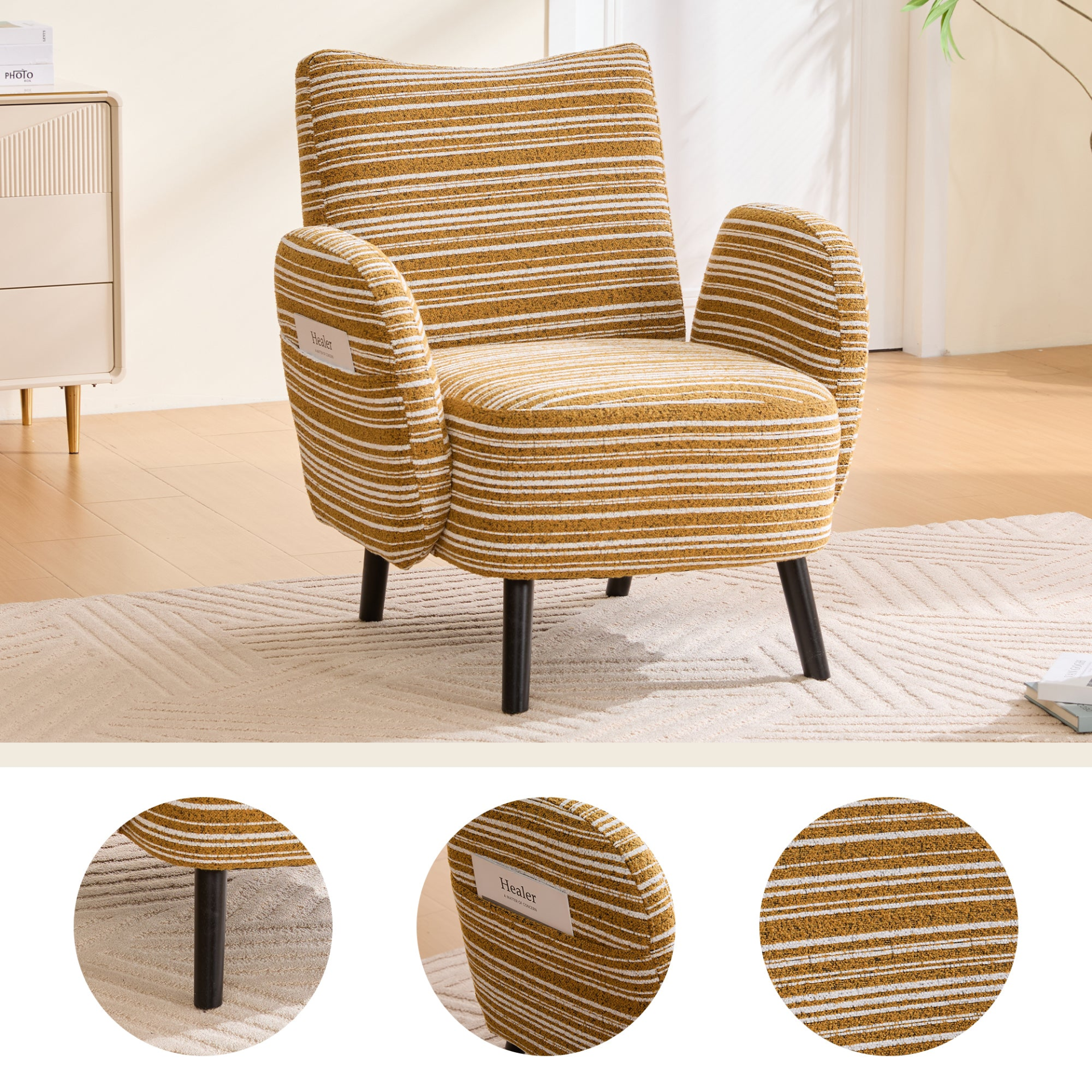 Start2Finish modern armchair with sanded fabric, side storage pocket, and solid wood legs, showcasing a stylish and comfortable design.