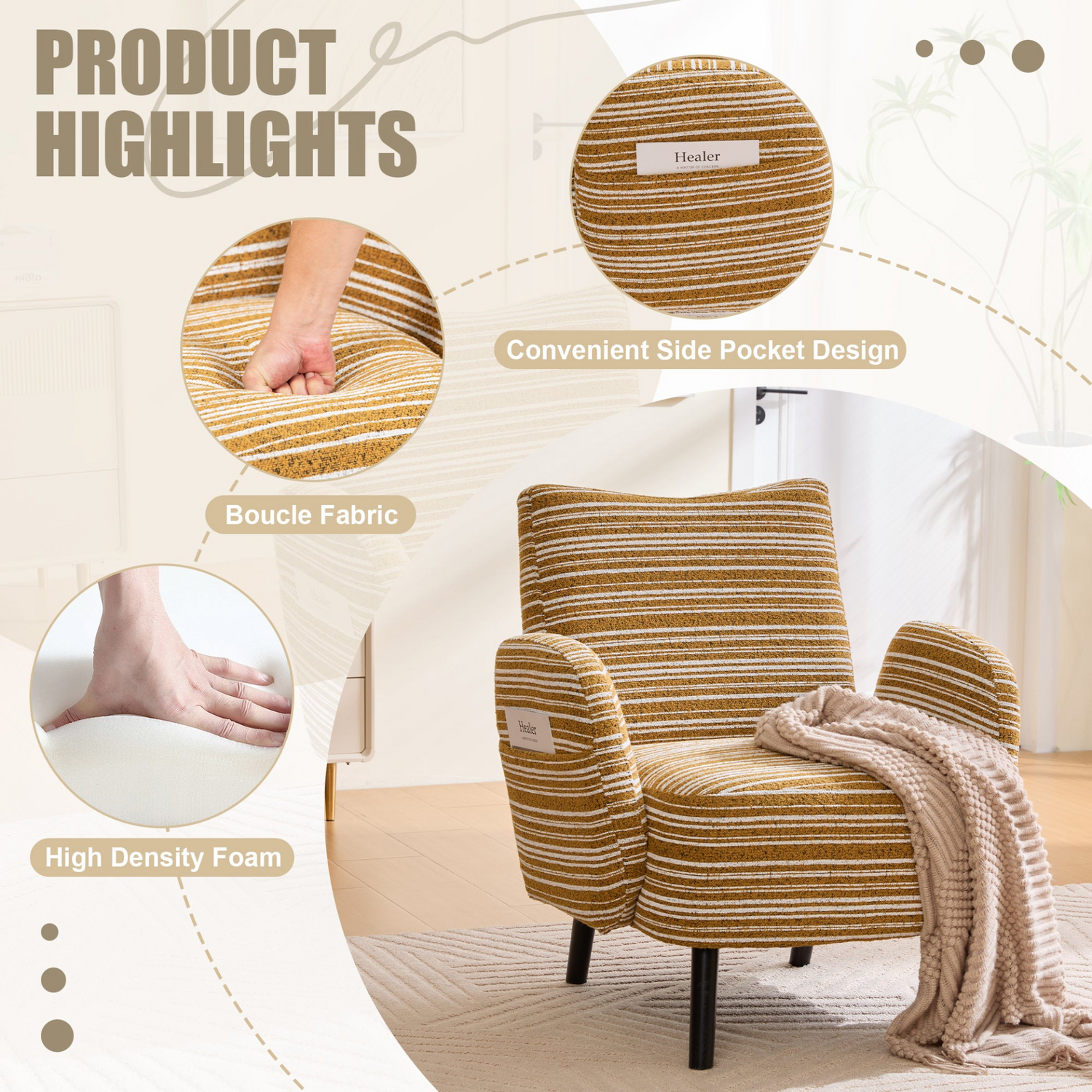 Modern armchair by Start2Finish with sanded fabric, solid wood legs, and a side storage pocket, shown in a contemporary living room setting.