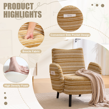 Modern armchair by Start2Finish with sanded fabric, solid wood legs, and a side storage pocket, shown in a contemporary living room setting.