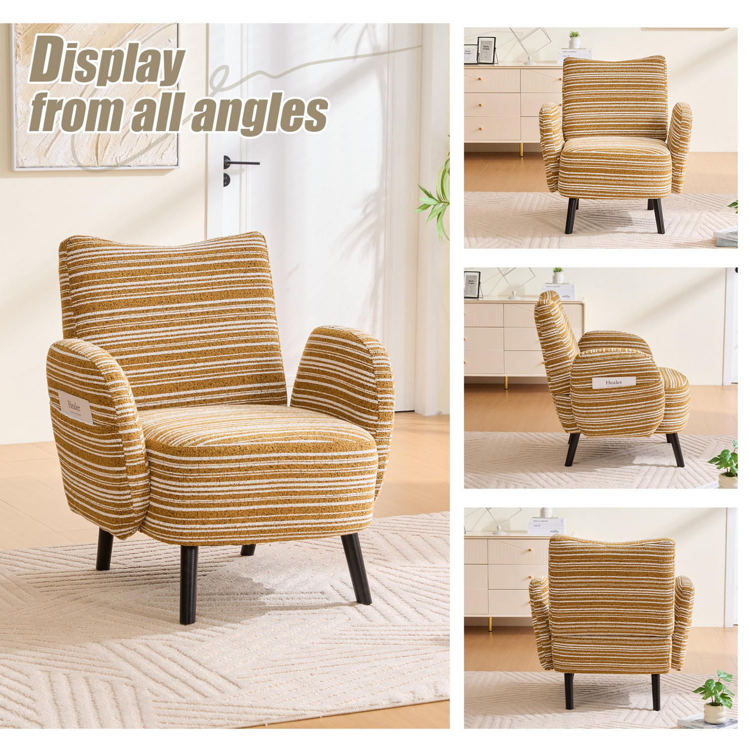Modern armchair by Start2Finish with sanded fabric, solid wood legs, and a side storage pocket for convenient relaxation.